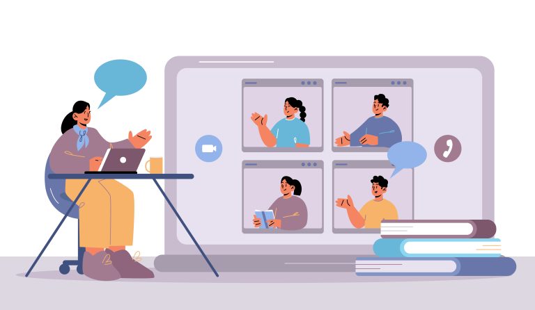 Online education, teacher and students webinar